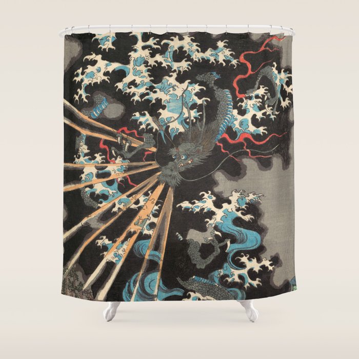 Japanese Dragon Woodblock Art Utagawa Yoshikazu Shower Curtain Gallery Image 1