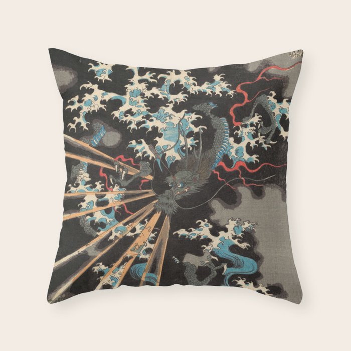 Japanese Dragon Woodblock Art Utagawa Yoshikazu Throw Pillow Gallery Image 1