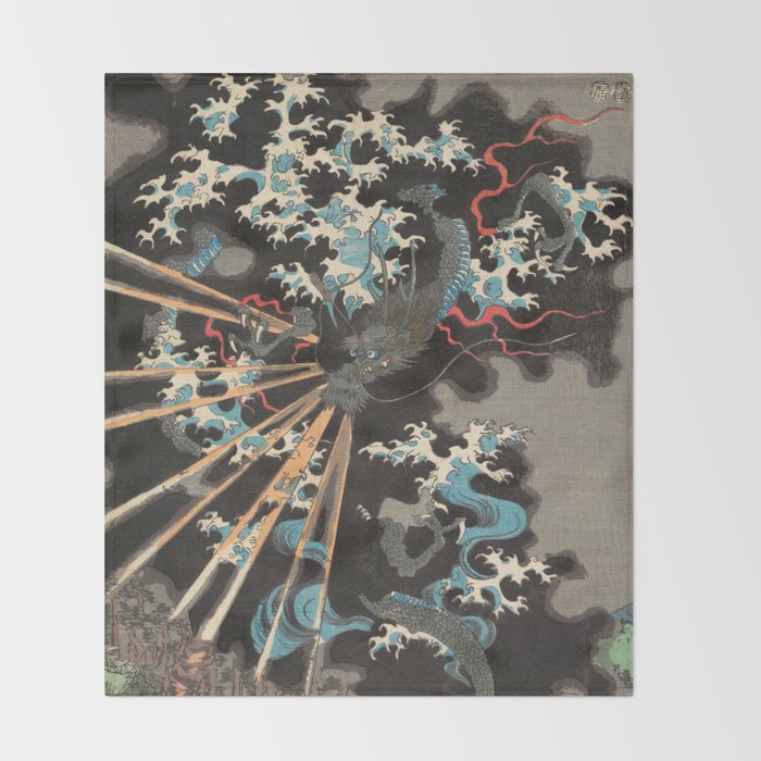 Japanese Dragon Woodblock Art Utagawa Yoshikazu Throw Blanket Gallery Image 2
