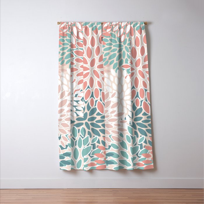 Modern Flowers Print, Coral, Pink and Teal Window Curtain Gallery Image 3