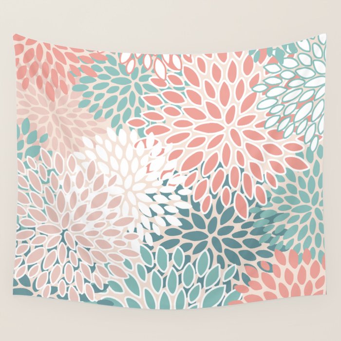 Modern Flowers Print, Coral, Pink and Teal Wall Tapestry Gallery Image 1