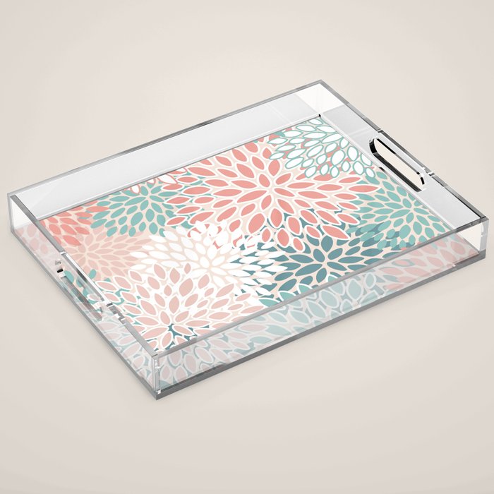 Modern Flowers Print, Coral, Pink and Teal Acrylic Tray Gallery Image 1