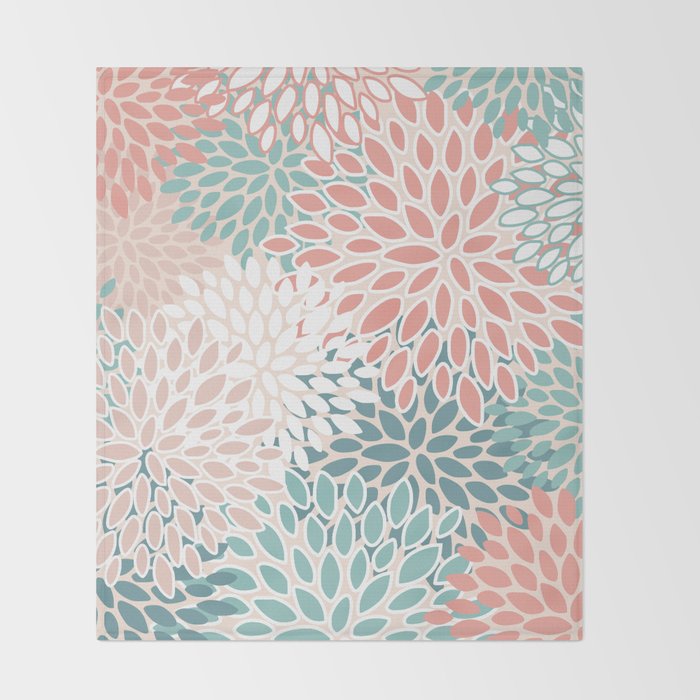 Modern Flowers Print, Coral, Pink and Teal Throw Blanket Gallery Image 2