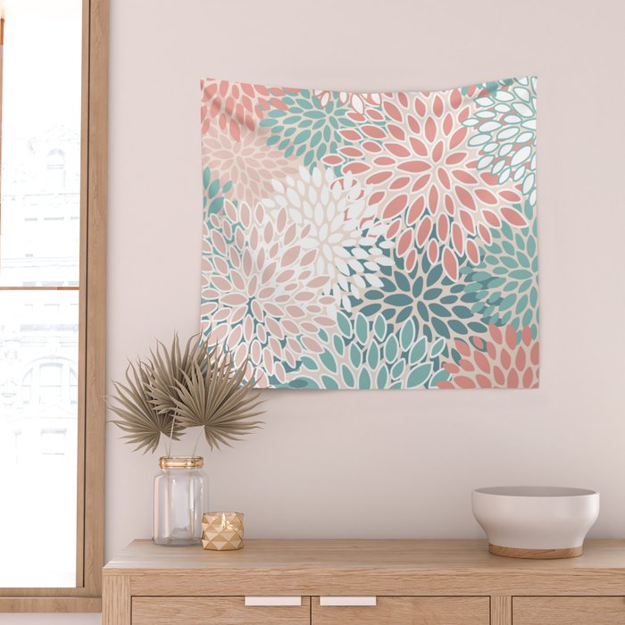 Modern Flowers Print, Coral, Pink and Teal Wall Tapestry Gallery Image 2