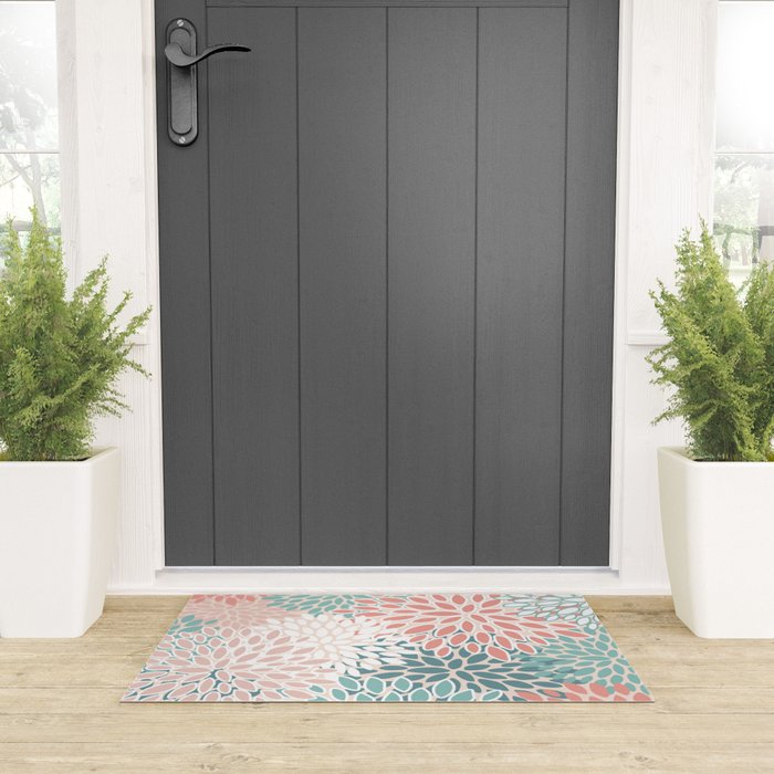 Modern Flowers Print, Coral, Pink and Teal Welcome Mat Gallery Image 3