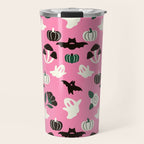 Pink Ghosts, Mushrooms, Bats, and Flowers Pattern Travel Mug Gallery Image 1