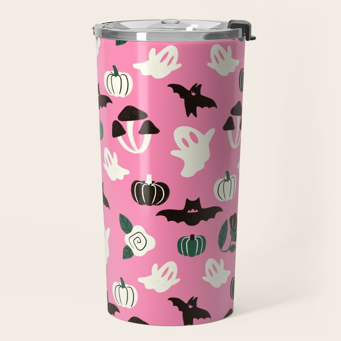 Pink Ghosts, Mushrooms, Bats, and Flowers Pattern Travel Mug Gallery Image 2