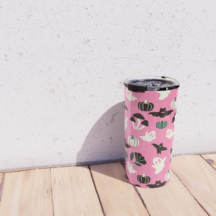 Pink Ghosts, Mushrooms, Bats, and Flowers Pattern Travel Mug Gallery Image 4