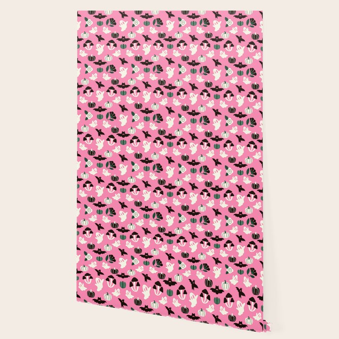 Pink Ghosts, Mushrooms, Bats, and Flowers Pattern Wallpaper Gallery Image 2