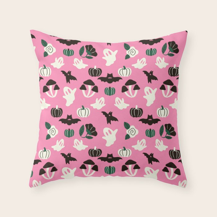Pink Ghosts, Mushrooms, Bats, and Flowers Pattern Throw Pillow Gallery Image 6