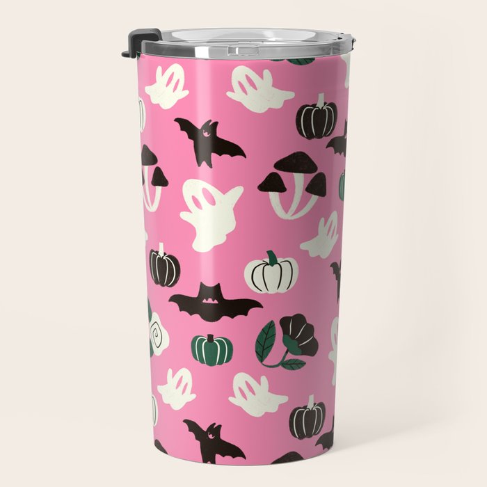 Pink Ghosts, Mushrooms, Bats, and Flowers Pattern Travel Mug Gallery Image 3