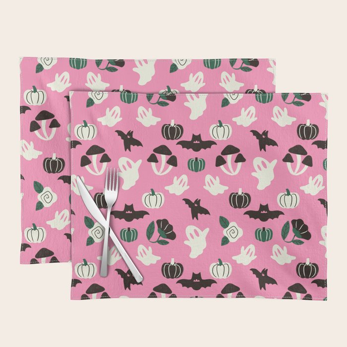 Pink Ghosts, Mushrooms, Bats, and Flowers Pattern Placemat Gallery Image 1