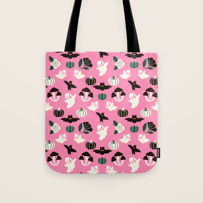 Pink Ghosts, Mushrooms, Bats, and Flowers Pattern Tote Bag Gallery Image 1