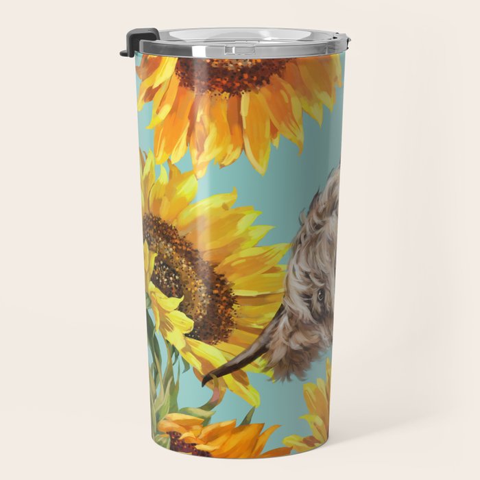 Highland Cow with Sunflowers in Blue Travel Mug Gallery Image 3