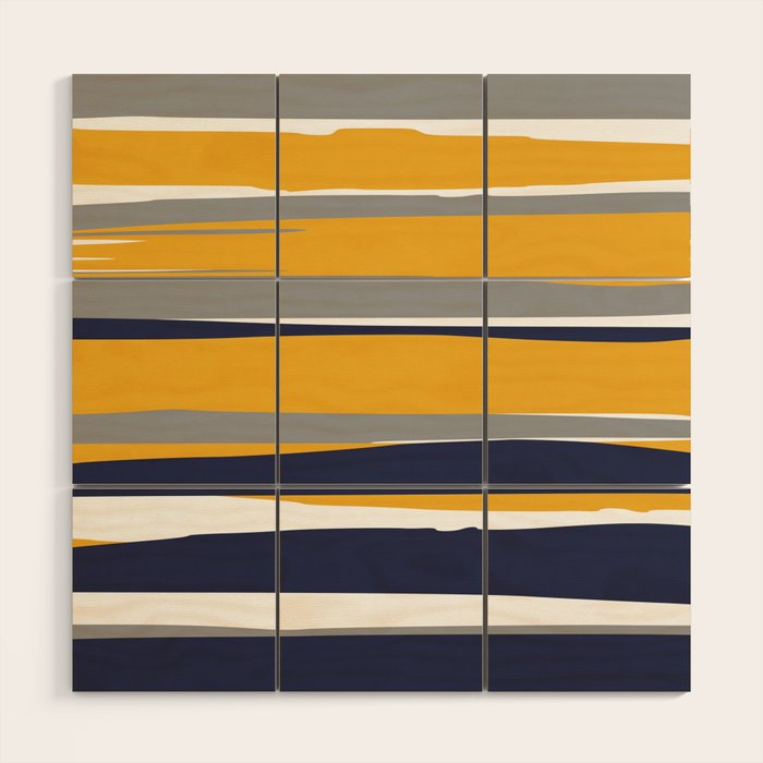 Stripes Abstract, Yellow, Grey, Navy Wood Wall Art Gallery Image 1