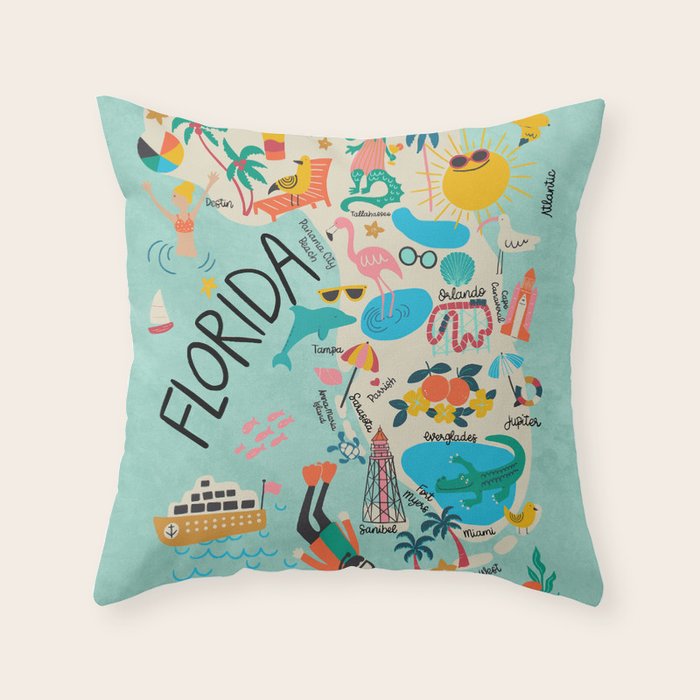 Florida State Beach Map Throw Pillow Gallery Image 1