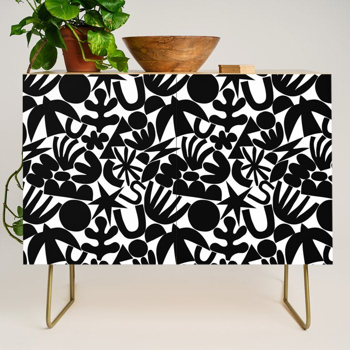 Black and white organic nature art shape pattern Credenza Gallery Image 1