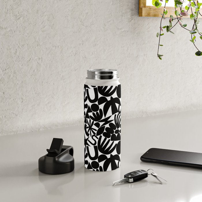 Black and white organic nature art shape pattern Water Bottle Gallery Image 4