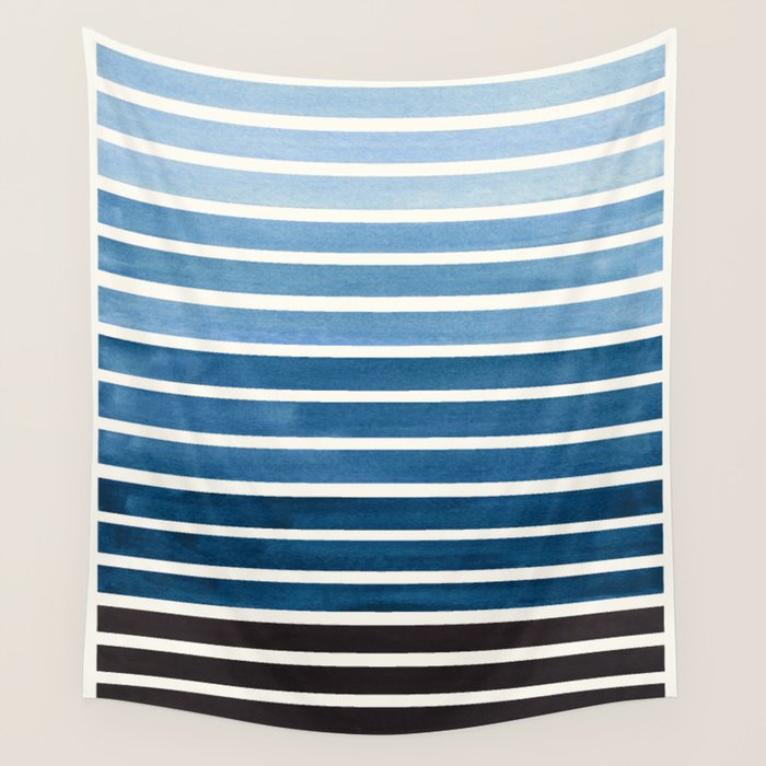 Watercolor Gouache Mid Century Modern Minimalist Colorful Green Blue Stripes Wall Tapestry Gallery Image 4