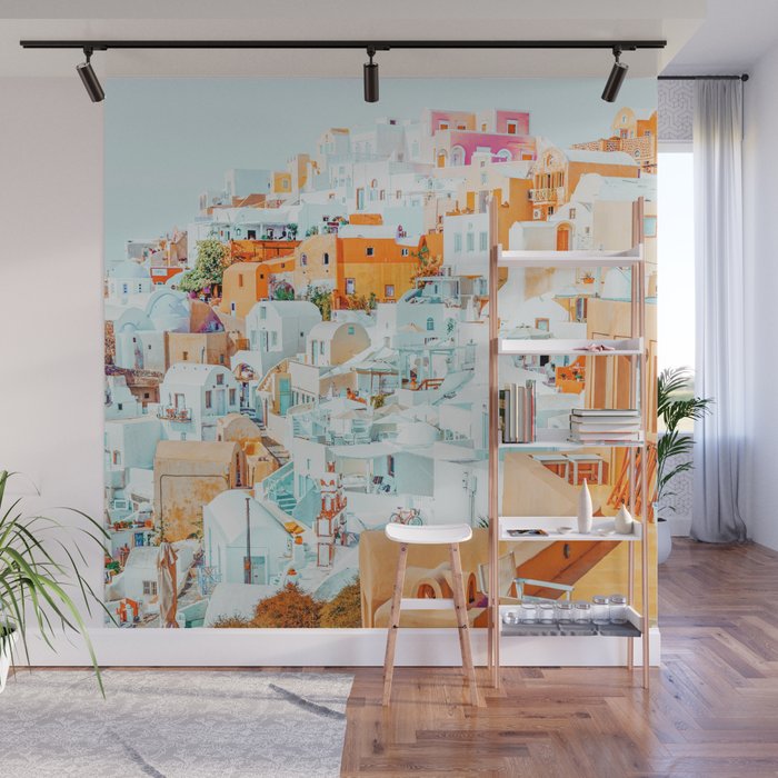 Santorini Vacay | Greece Summer Travel Architecture Buildings | Pastel Beachy Cityscape Photography Wall Mural Gallery Image 1