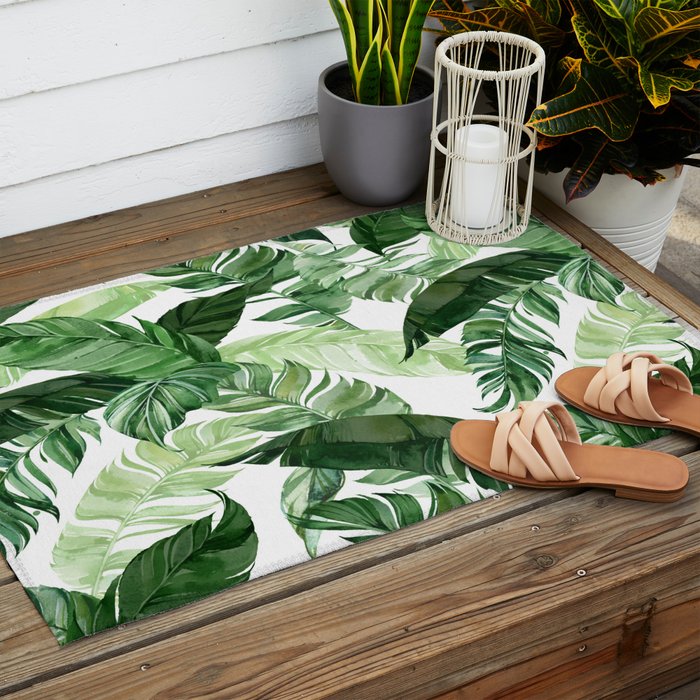 Green leaf watercolor pattern Outdoor Rug Gallery Image 2
