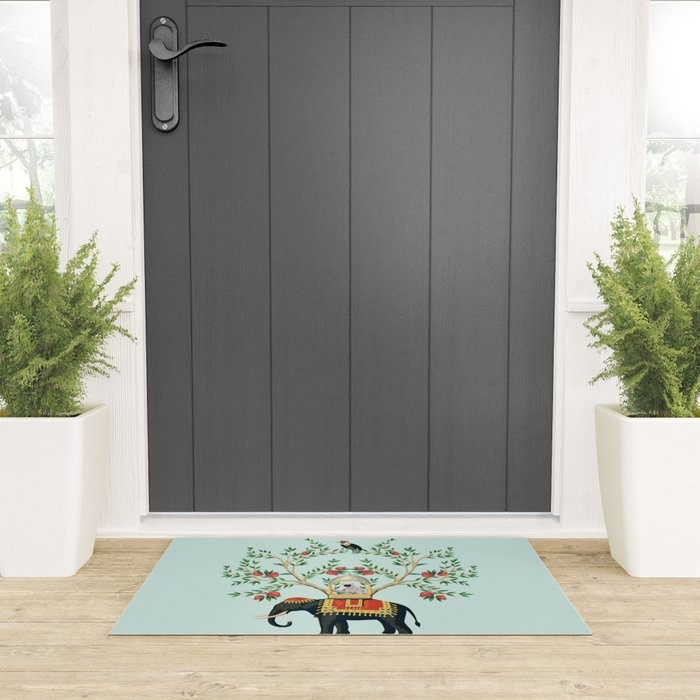 Chinoiserie Indian Elephant & Monkey Exotic Floral Welcome Mat Gallery Image 3