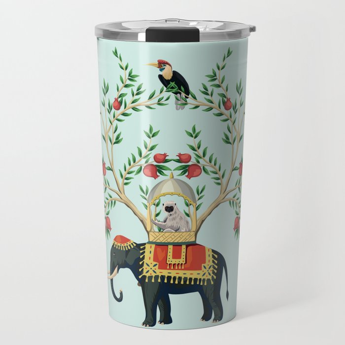 Chinoiserie Indian Elephant & Monkey Exotic Floral Travel Mug Gallery Image 1