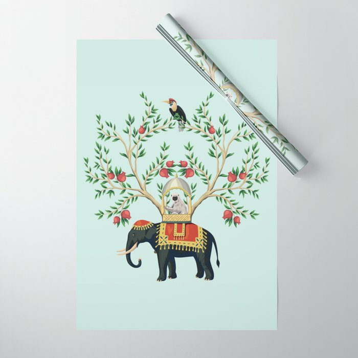 Chinoiserie Indian Elephant & Monkey Exotic Floral Wrapping Paper Gallery Image 1