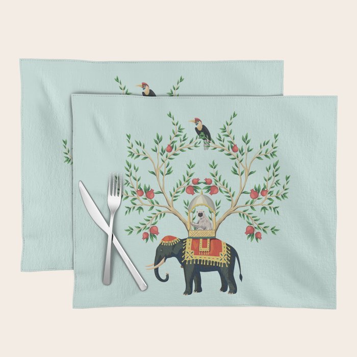 Chinoiserie Indian Elephant & Monkey Exotic Floral Placemat Gallery Image 1
