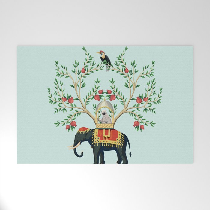 Chinoiserie Indian Elephant & Monkey Exotic Floral Welcome Mat Gallery Image 1