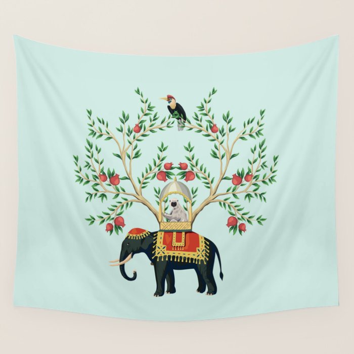 Chinoiserie Indian Elephant & Monkey Exotic Floral Wall Tapestry Gallery Image 4