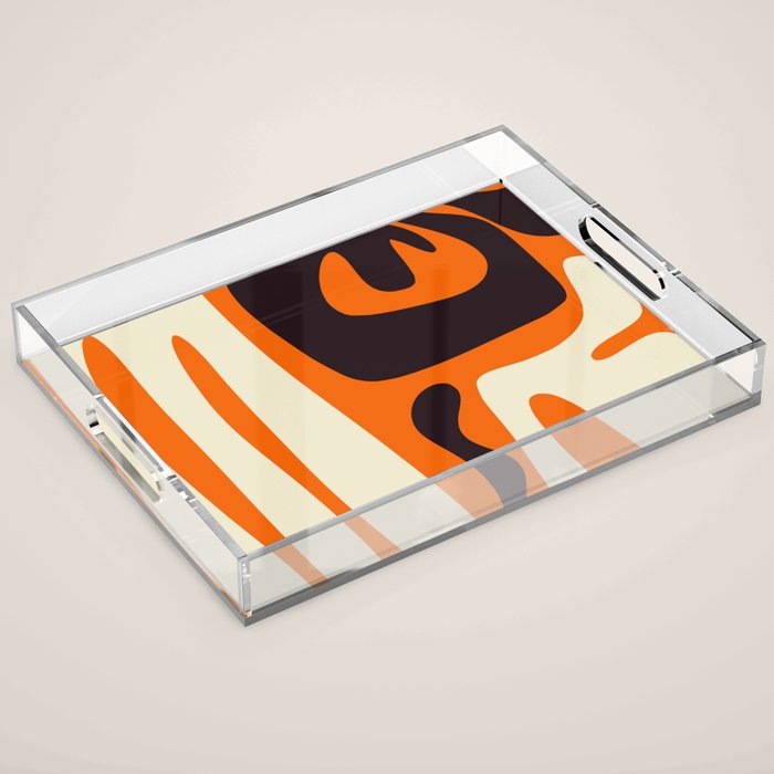 Mid Century Modern Kwaito Abstract Pattern Orange Black Cream Acrylic Tray Gallery Image 1