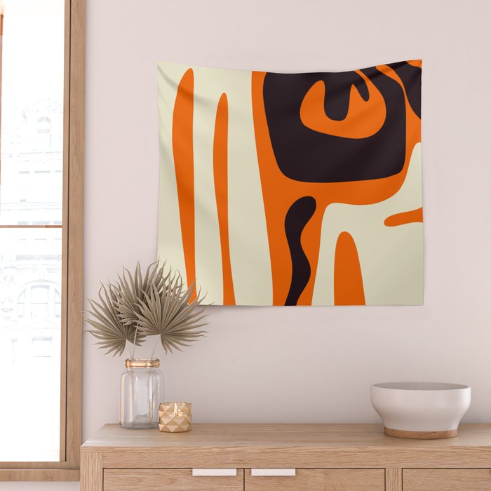 Mid Century Modern Kwaito Abstract Pattern Orange Black Cream Wall Tapestry Gallery Image 2
