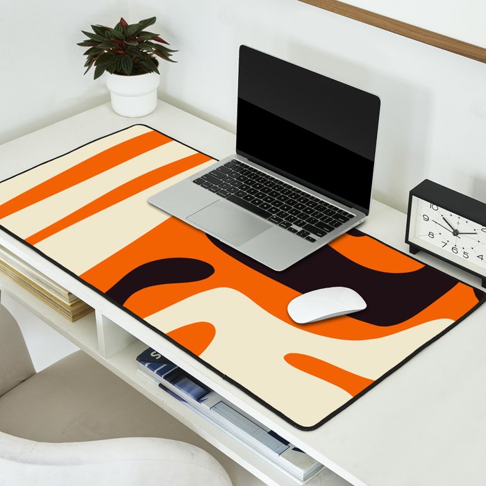 Mid Century Modern Kwaito Abstract Pattern Orange Black Cream Desk Mat Gallery Image 2