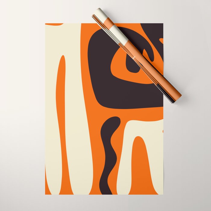 Mid Century Modern Kwaito Abstract Pattern Orange Black Cream Wrapping Paper Gallery Image 1
