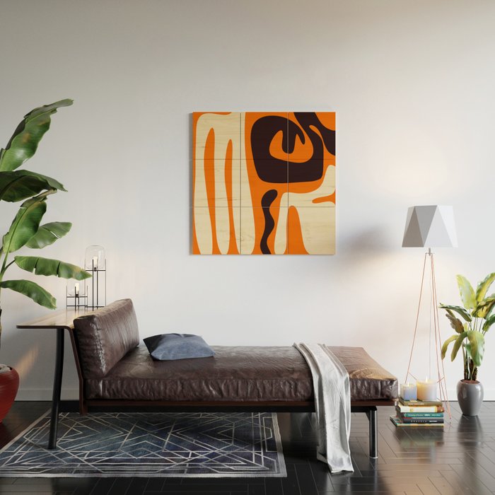 Mid Century Modern Kwaito Abstract Pattern Orange Black Cream Wood Wall Art Gallery Image 2