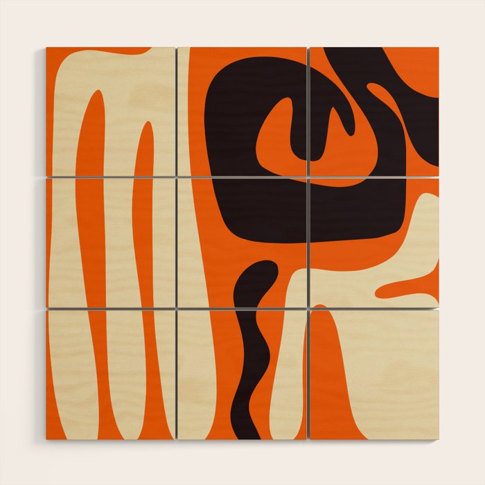 Mid Century Modern Kwaito Abstract Pattern Orange Black Cream Wood Wall Art Gallery Image 1