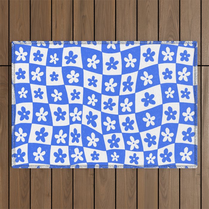 Retro Blue Daisy Checkerboard  Outdoor Rug Gallery Image 1