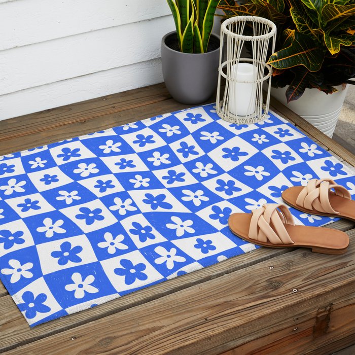 Retro Blue Daisy Checkerboard  Outdoor Rug Gallery Image 2