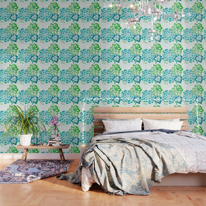Blue and Green Coastal Floral Watercolor Wallpaper Gallery Image 1