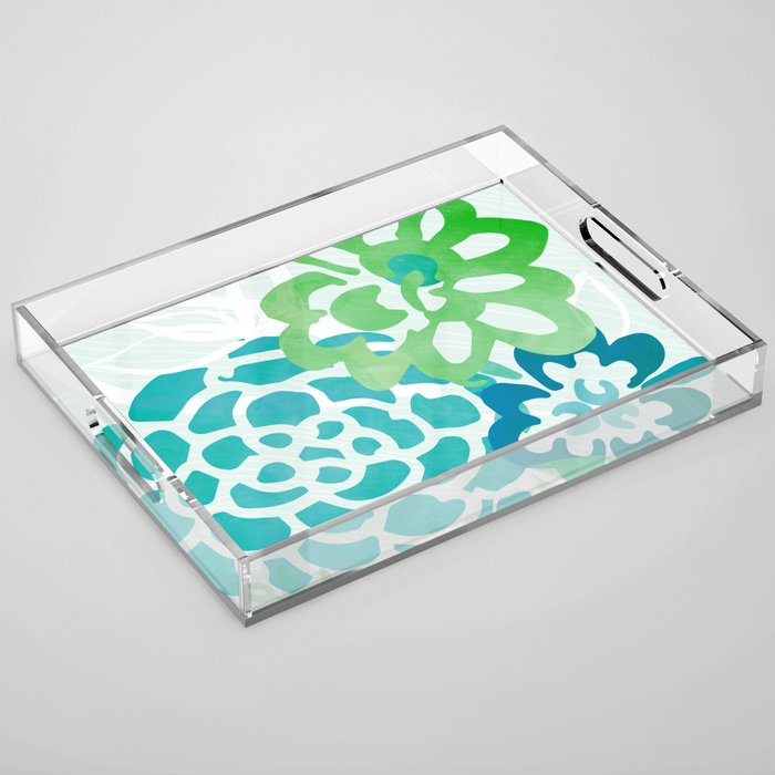 Blue and Green Coastal Floral Watercolor Acrylic Tray Gallery Image 1