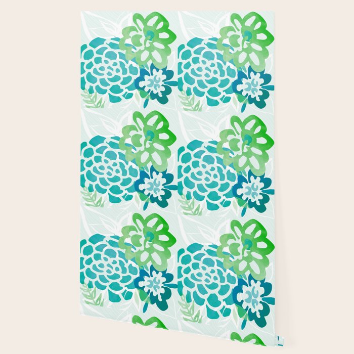 Blue and Green Coastal Floral Watercolor Wallpaper Gallery Image 2