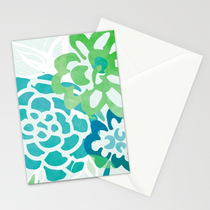 Blue and Green Coastal Floral Watercolor Stationery Card Gallery Image 2
