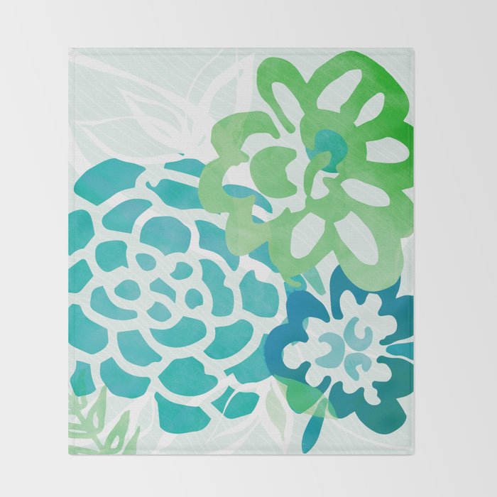 Blue and Green Coastal Floral Watercolor Throw Blanket Gallery Image 2