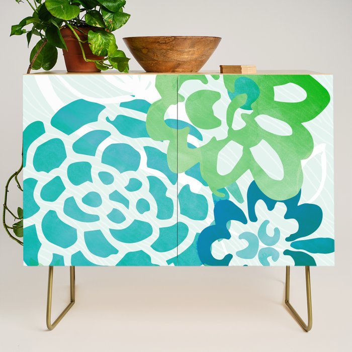 Blue and Green Coastal Floral Watercolor Credenza Gallery Image 1