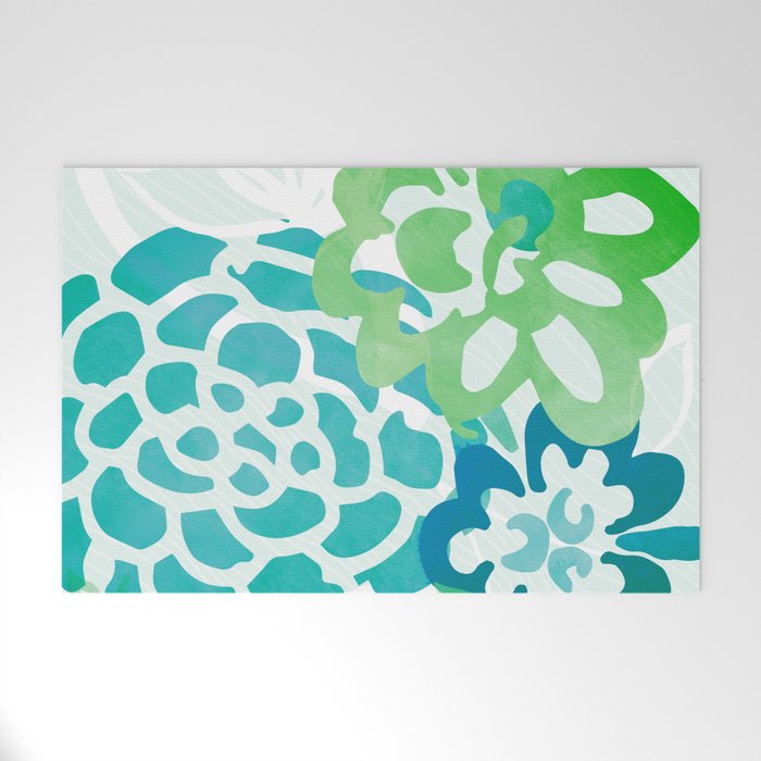 Blue and Green Coastal Floral Watercolor Welcome Mat Gallery Image 1