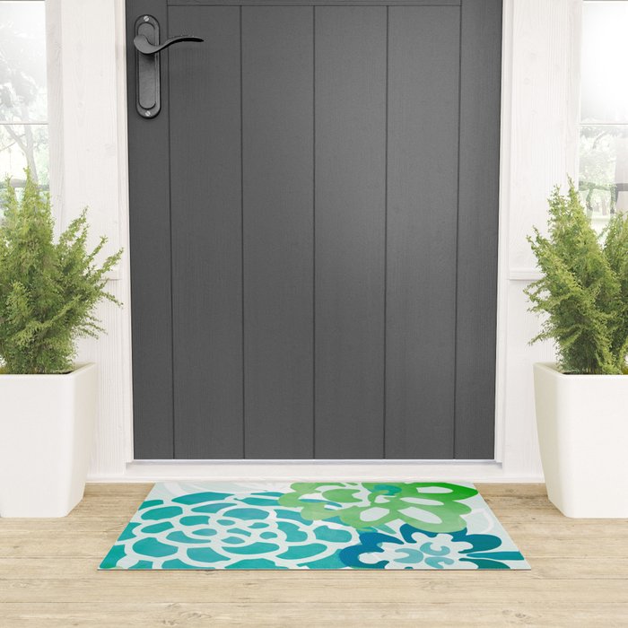 Blue and Green Coastal Floral Watercolor Welcome Mat Gallery Image 3