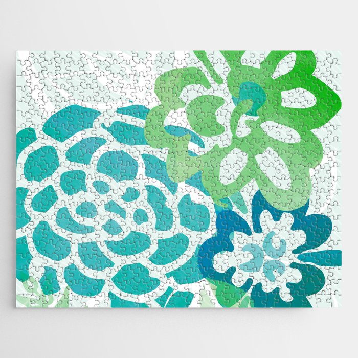 Blue and Green Coastal Floral Watercolor Jigsaw Puzzle Gallery Image 1