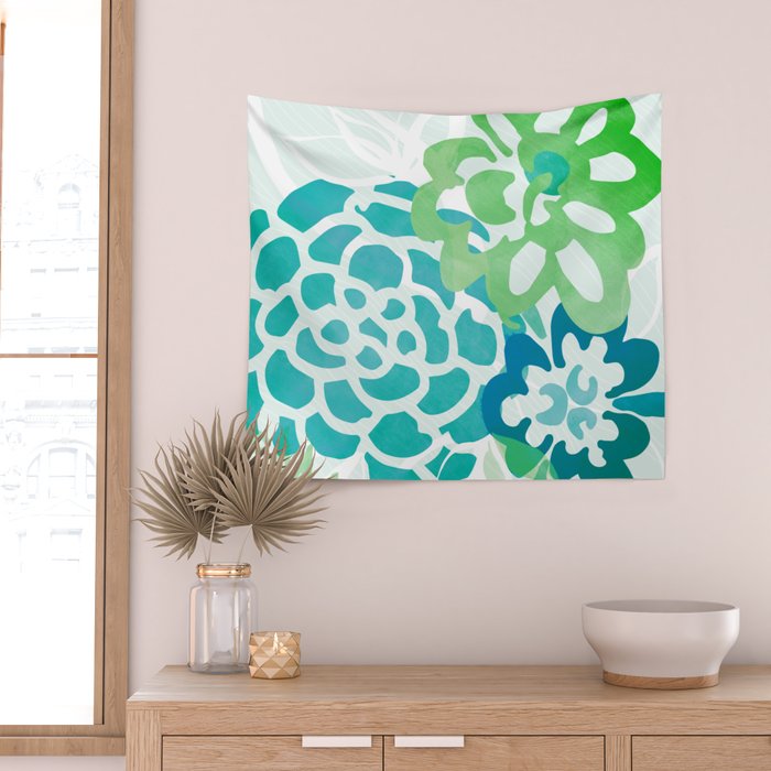 Blue and Green Coastal Floral Watercolor Wall Tapestry Gallery Image 2