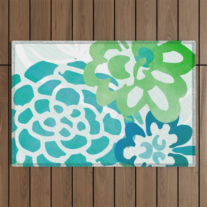 Blue and Green Coastal Floral Watercolor Outdoor Rug Gallery Image 1